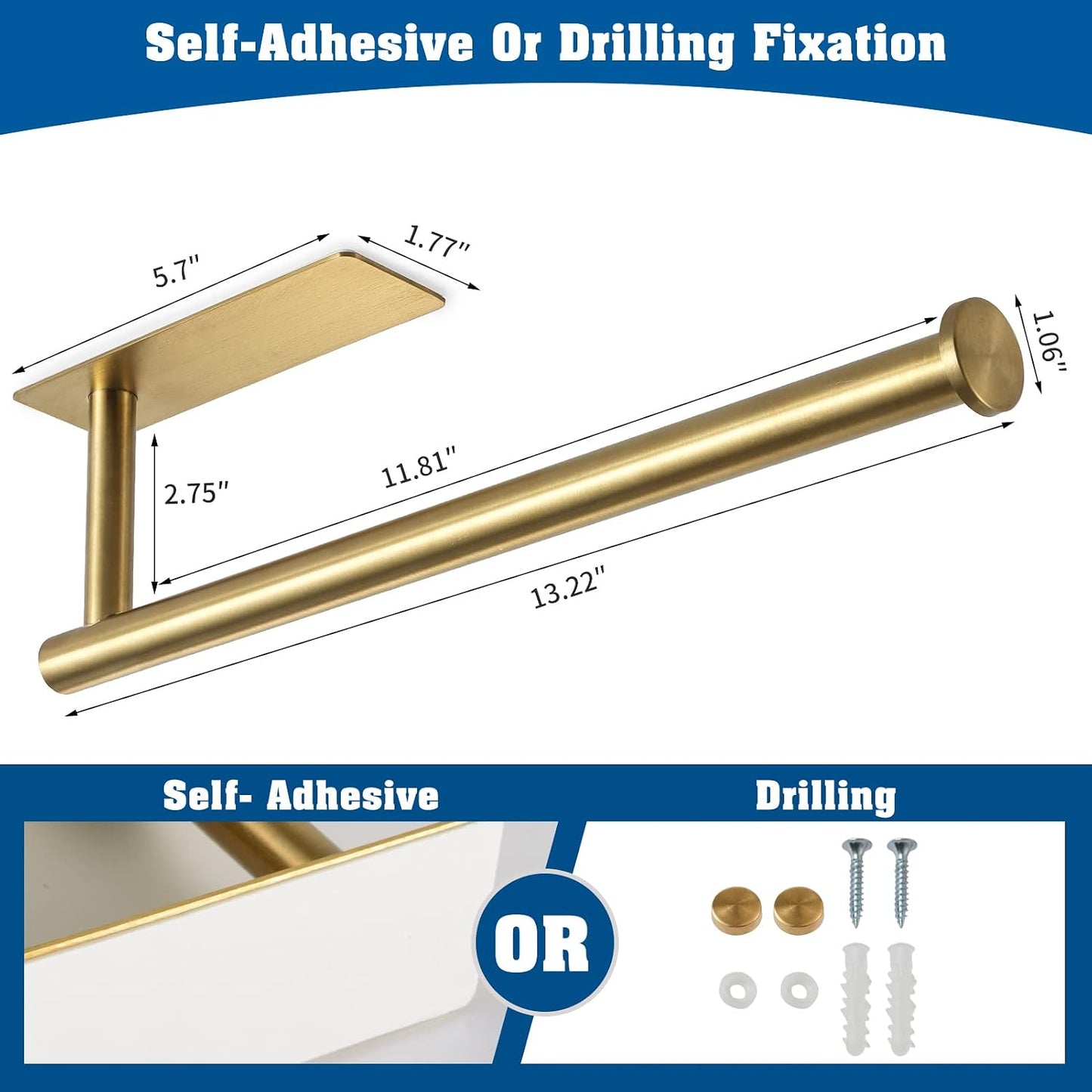 theaoo Under Cabinet Paper Towel Holder for Kitchen, Adhesive, 2 Pack Gold | Self-Adhesive or Screw Mount for Cabinets