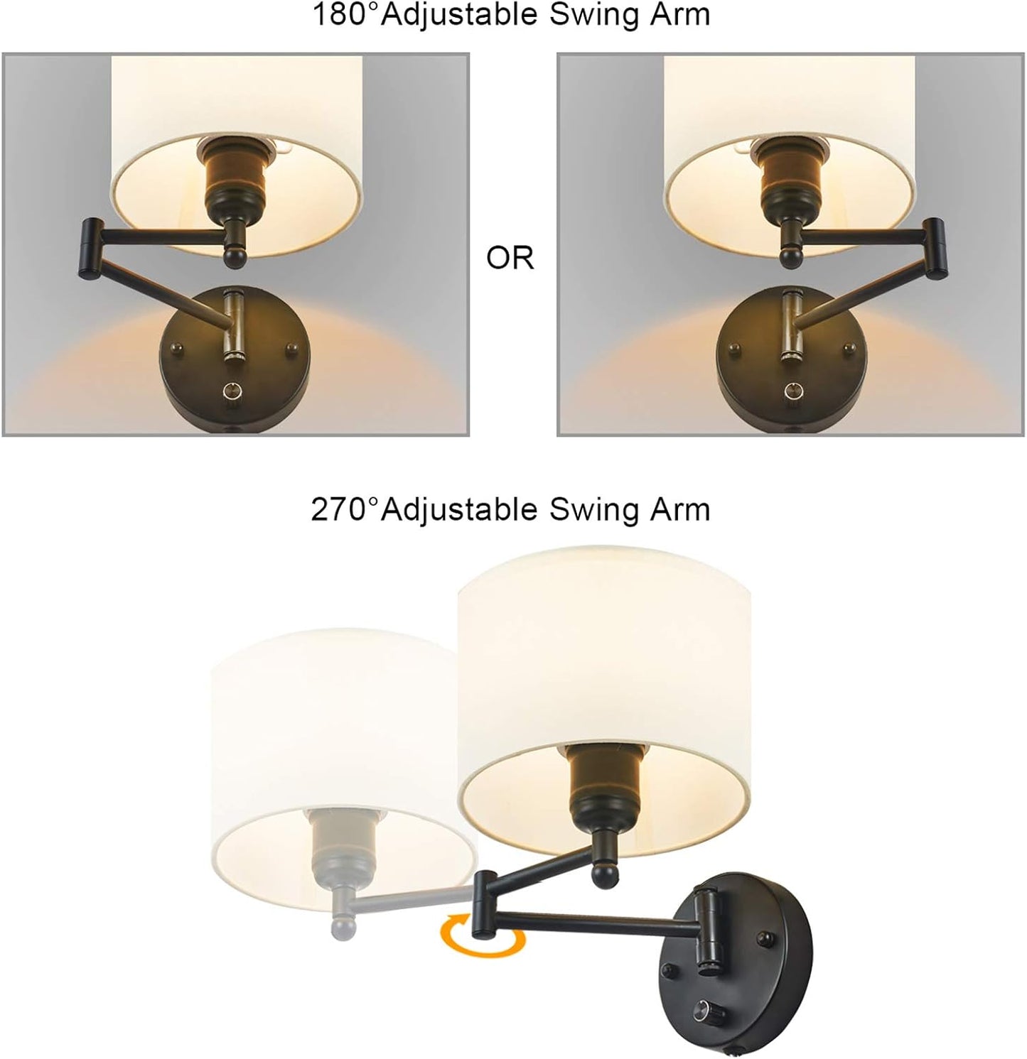 Swing Arm Wall Sconce 7" Shade Width Plug in Wall Mount Opaque Ivory Linen Shade 40W 2-Way Installation(1 Light)