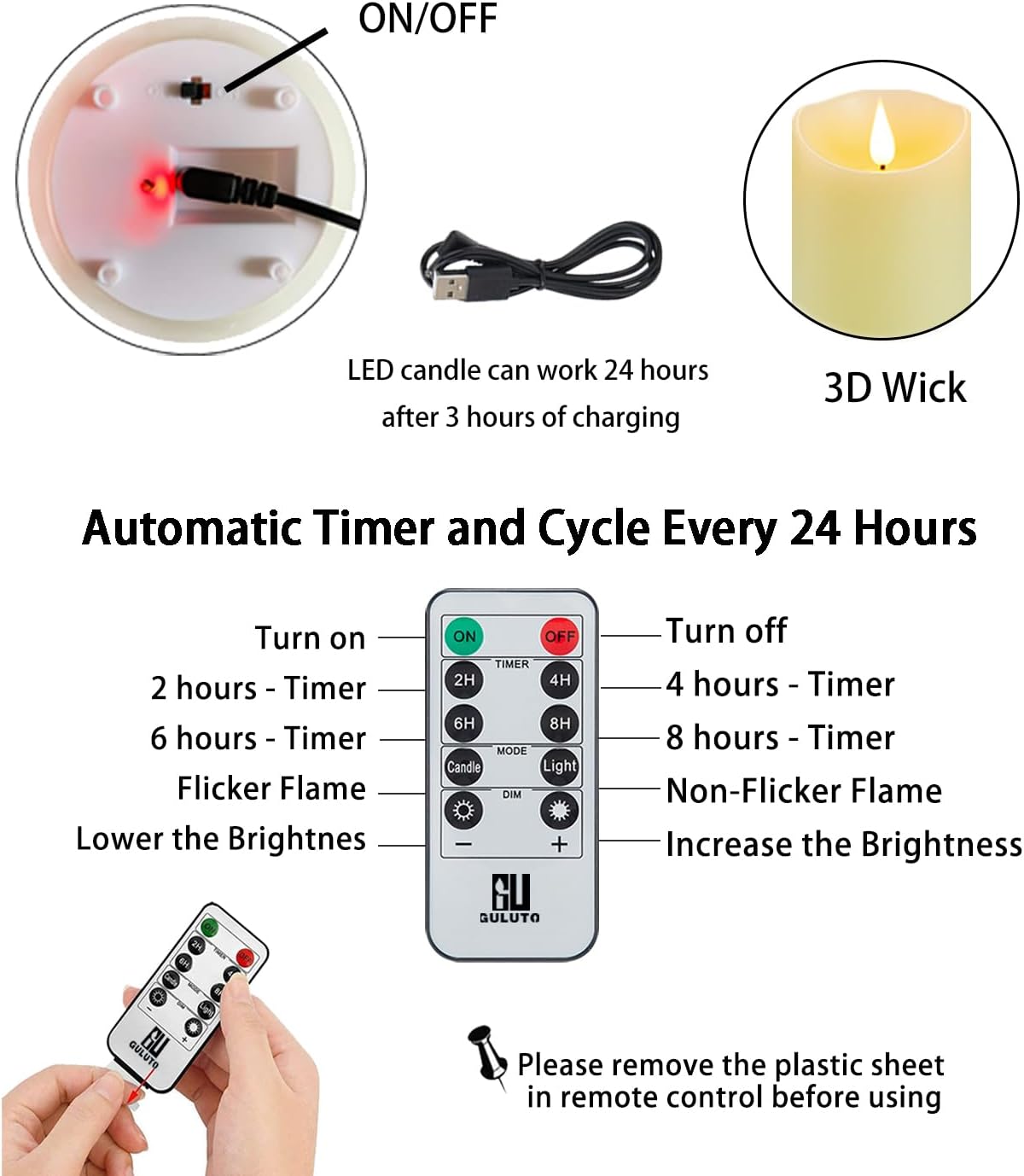 Flameless Candles with Rechargeable Battery, 3" x 4", Set of 2, Electronic Candles with Remote and Timer, led Pillar