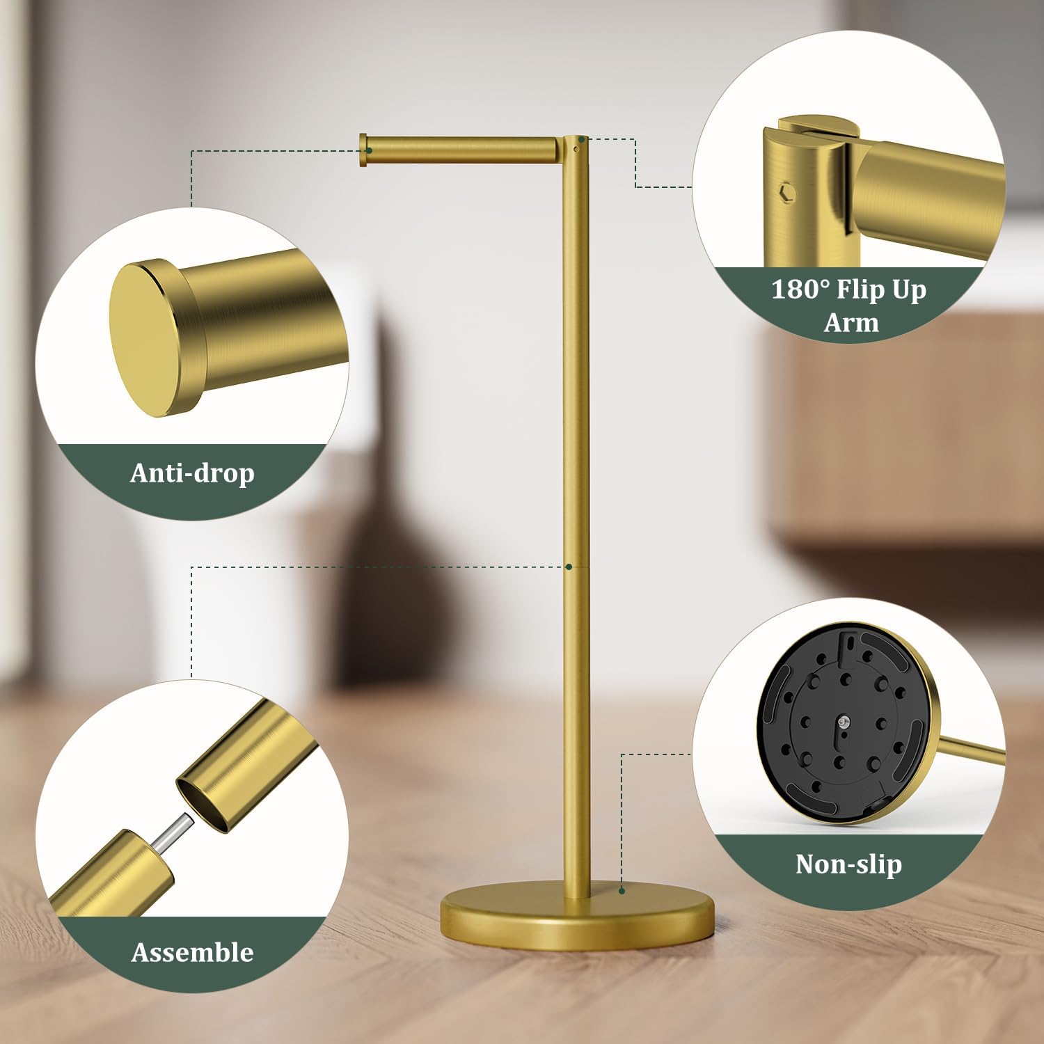 Brushed Gold Toilet Paper Holder Stand Free Standing Tissue Roll Holder | Freestanding Toilet Paper Stand Storage for