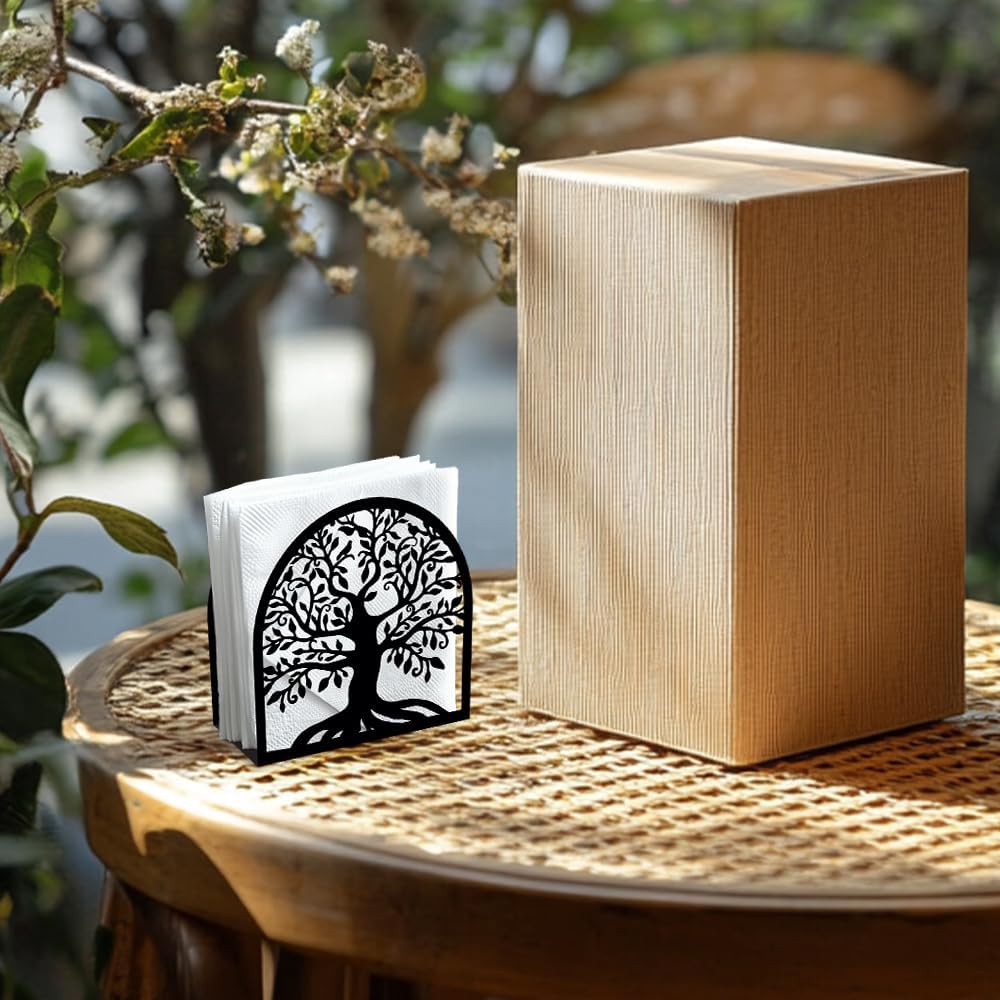 Decorative Metal Napkin Holder / Tree of Life / Black / 4.9 x 4.9 x 1.9