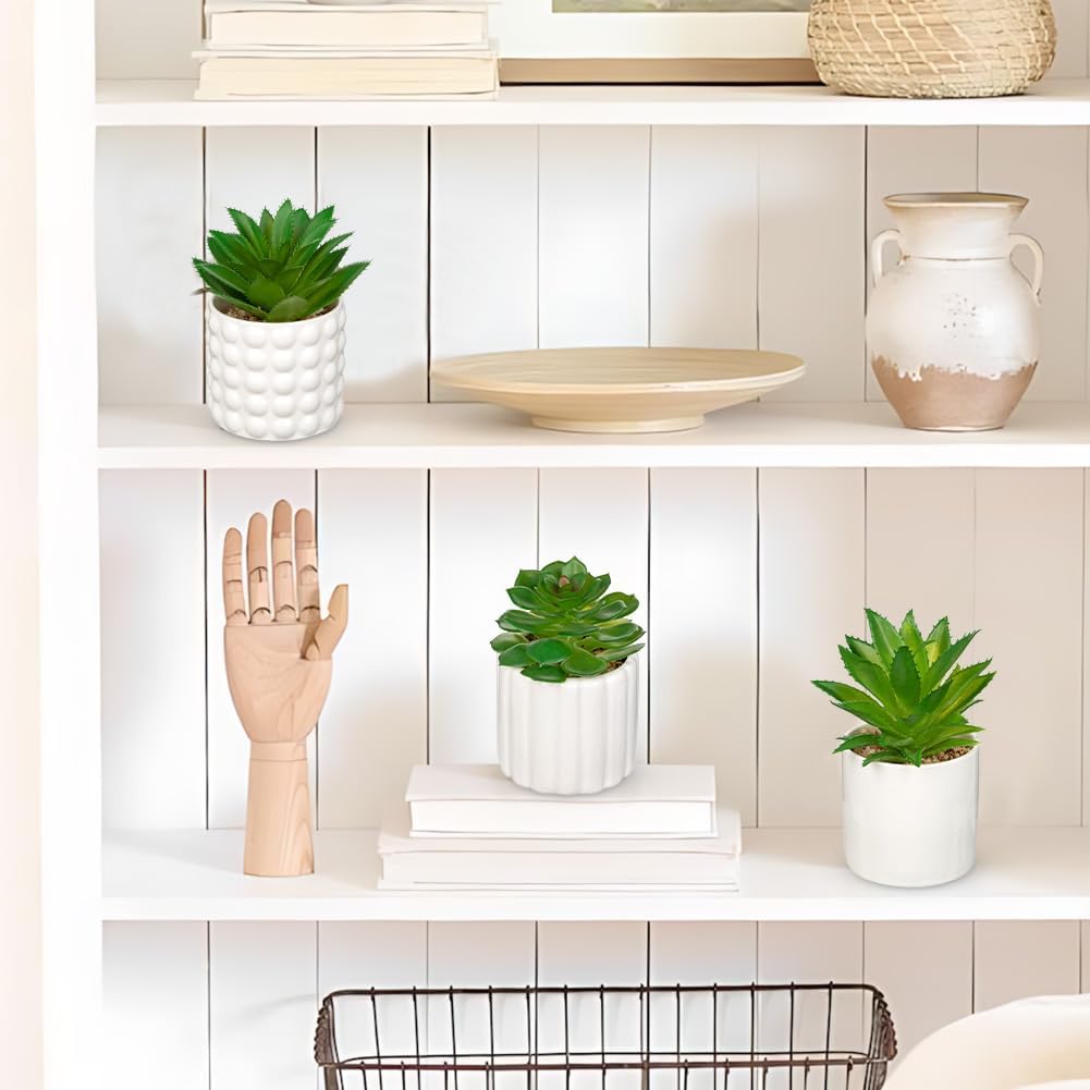 Succulents Plants Artificial in Ceramic Pots / White / Set of 3