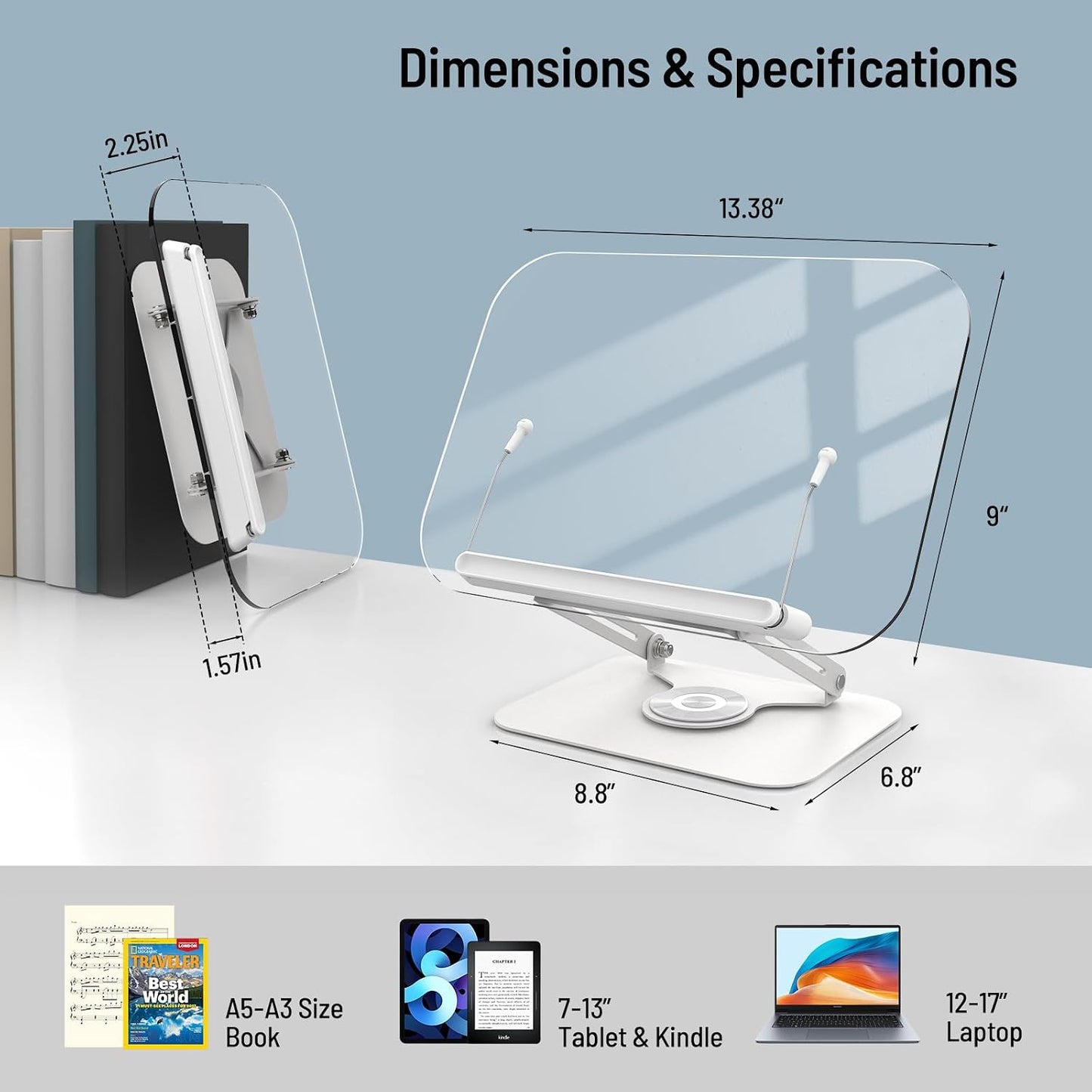 Acrylic Book Stand for Reading Hands Free - Adjustable 360° Rotating Cookbook Holder with Elastic Page Clips & Foldable
