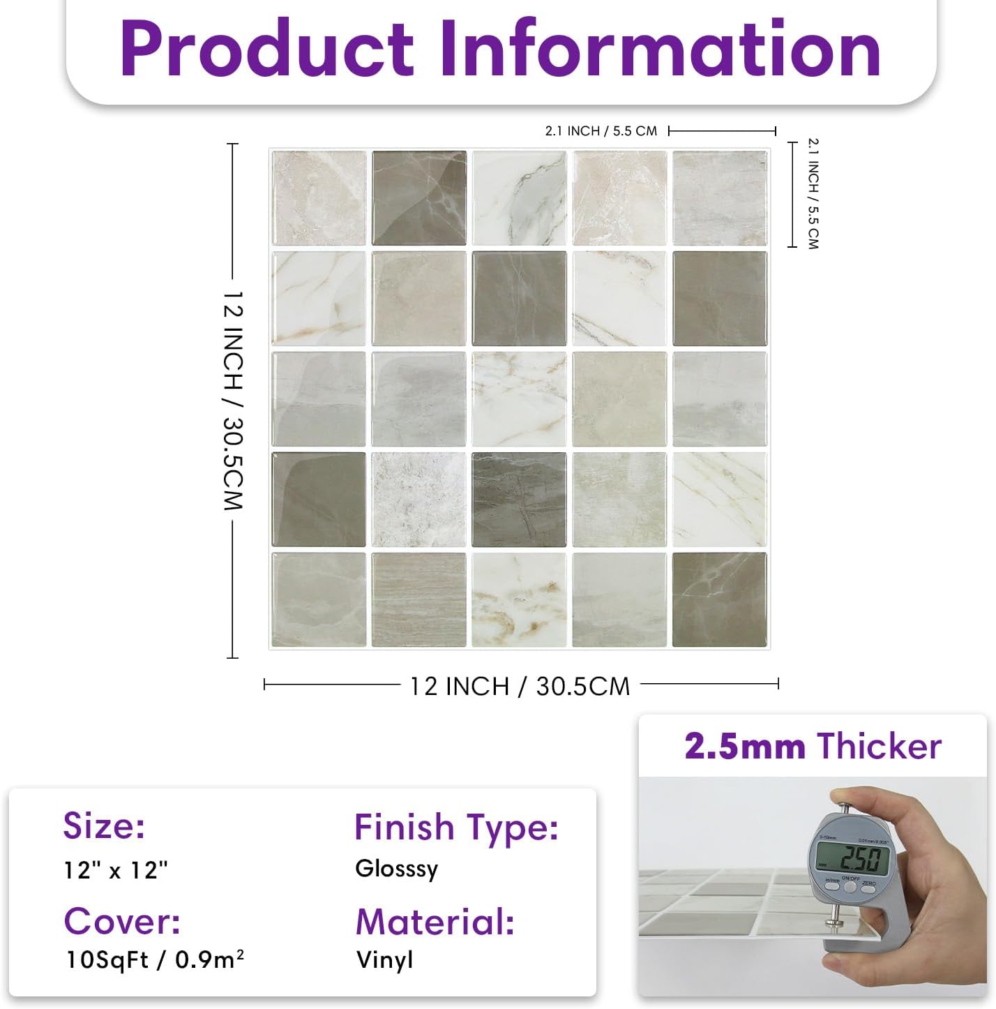 Thicker Marble Peel and Stick Backsplash Tiles- of "-3D / ST-SM-G / Brown / 12 x 12 / Set of 10