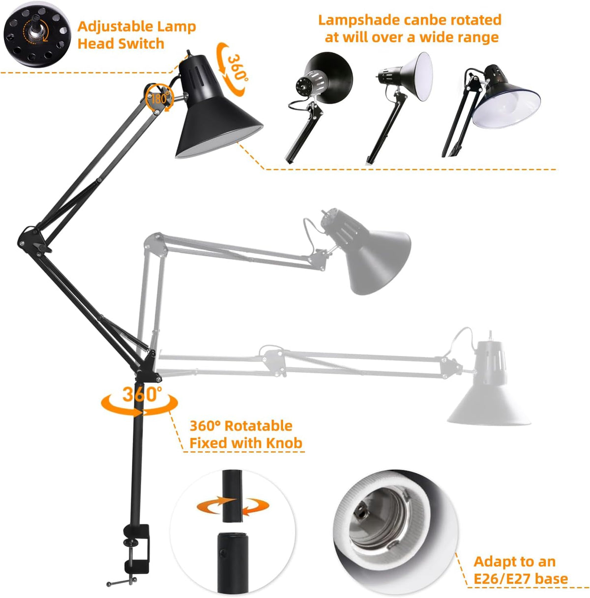 Black Desk Lamp with Clamp, Extra-Tall Adjustable Metal Swing Arm, 5000K | Manicurist Table Lamp for Nail Work