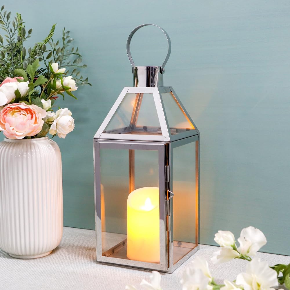 JHY Design Silver Decorative Lanterns 16inch High Stainless Steel Candle Lanterns with Tempered Glass for Indoor
