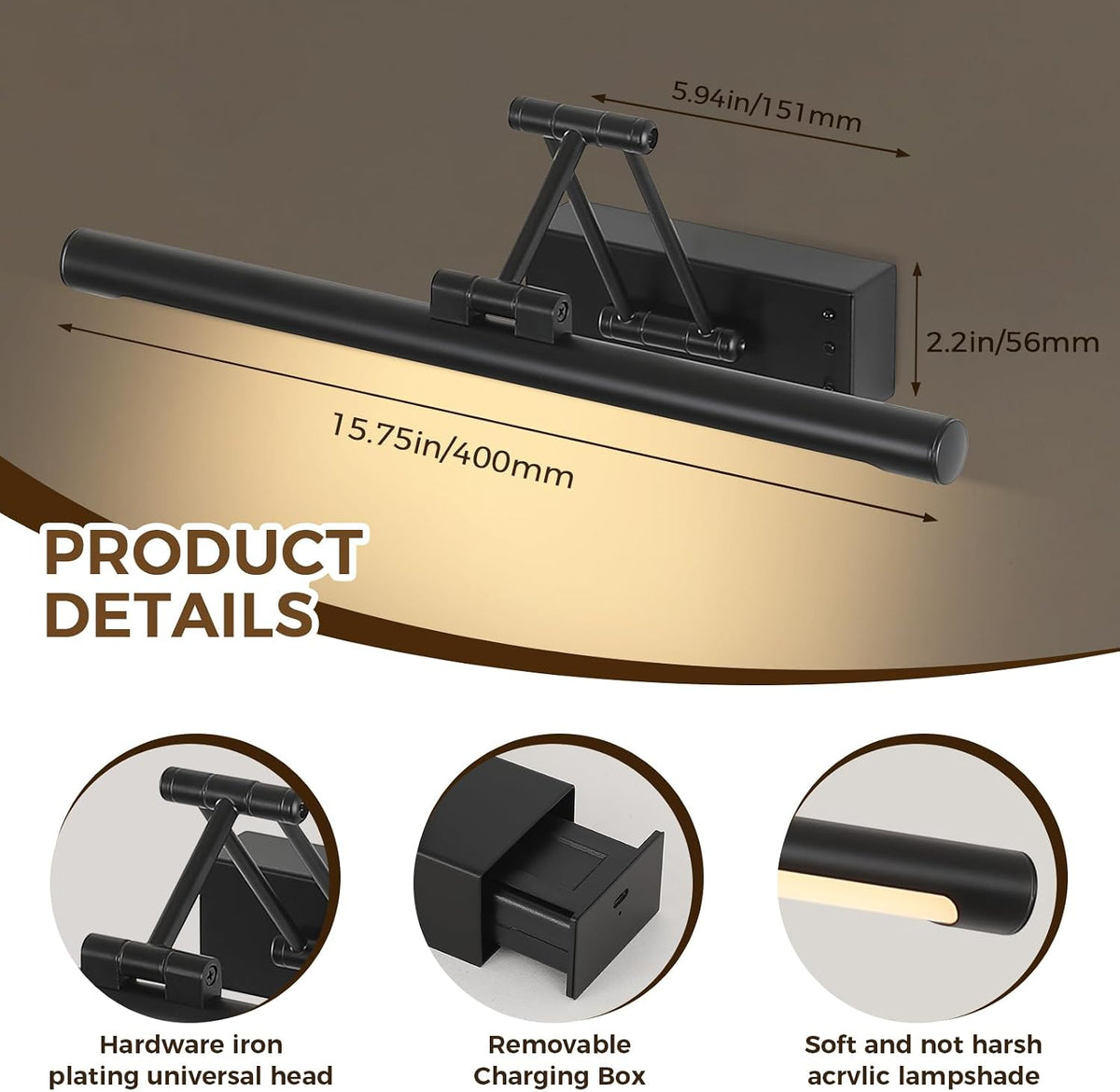 Battery Operated Picture Lights for Wall, Wireless Gallery Light 15.75 Inch | Rechargeable Art Light with Remote and