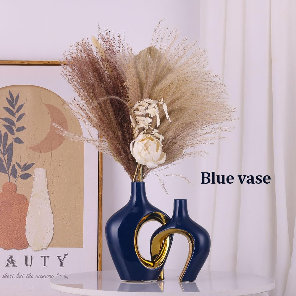 Blue Hollow Ceramic Vases / Blue and Gold / Set of 2