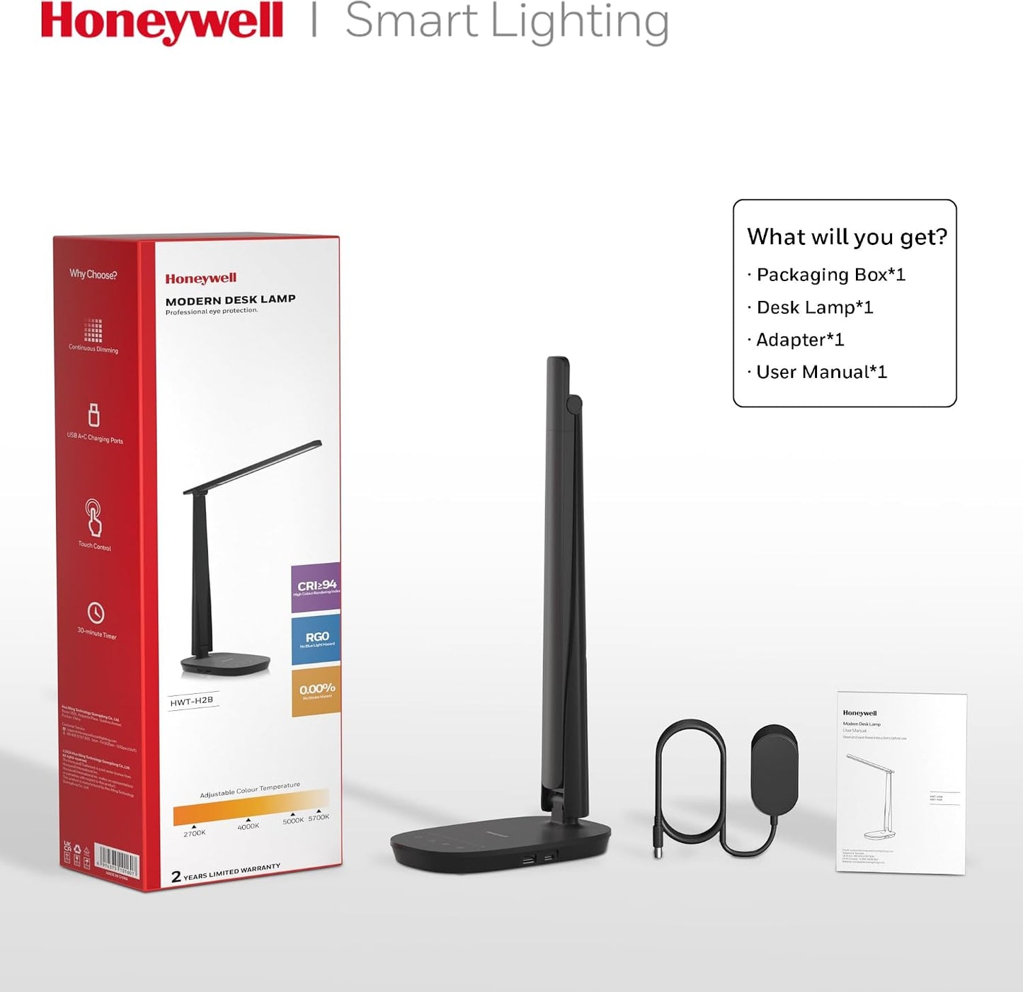 Honeywell HWT-H2 LED Desk Lamp, Eye-Caring Full Spectrum, USB Charging | CRI94 Full Spectrum Eye-Caring Light, Low Blue