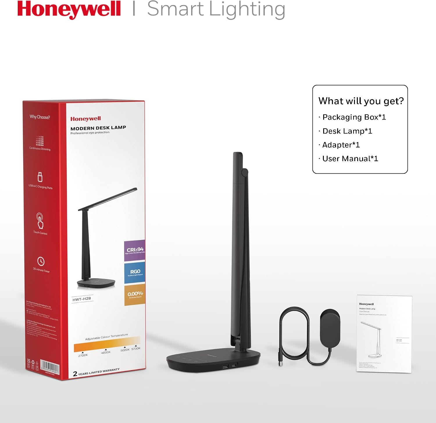 Honeywell HWT-H2 LED Desk Lamp, Eye-Caring Full Spectrum, USB Charging | CRI94 Full Spectrum Eye-Caring Light, Low Blue