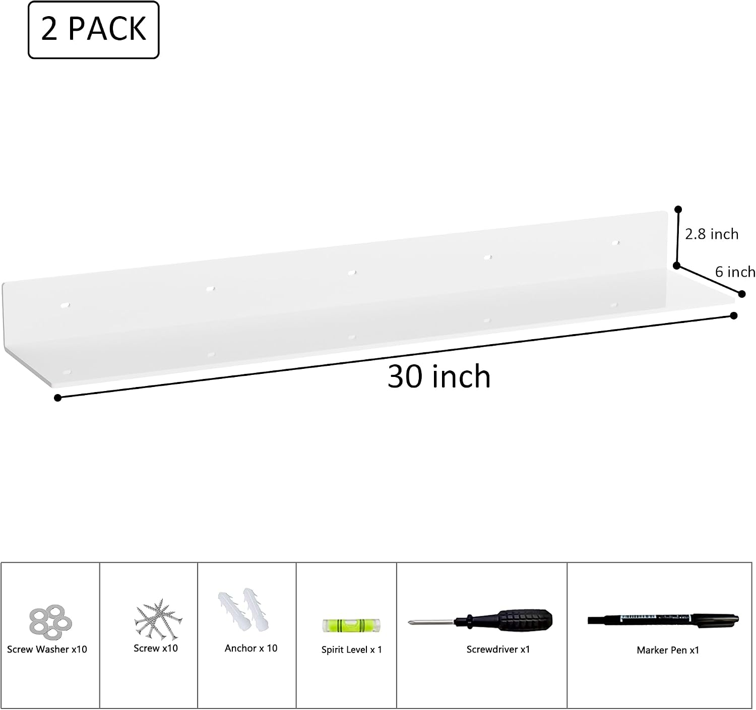 Sezanrpt 30 Inch White Floating Shelves for Wall Décor, Acrylic Storage Wall Shelf Holder, Wall Mounted Home Organizer