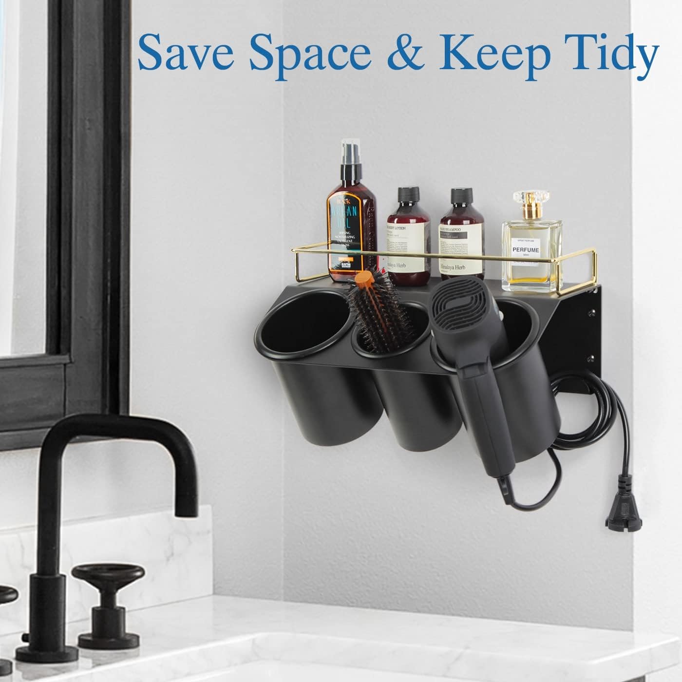 J JACKCUBE DESIGN Hair Dryer Holder Wall Mount Bathroom Vanity Hair Styling Care Tool Accessories 3 Cups Storage