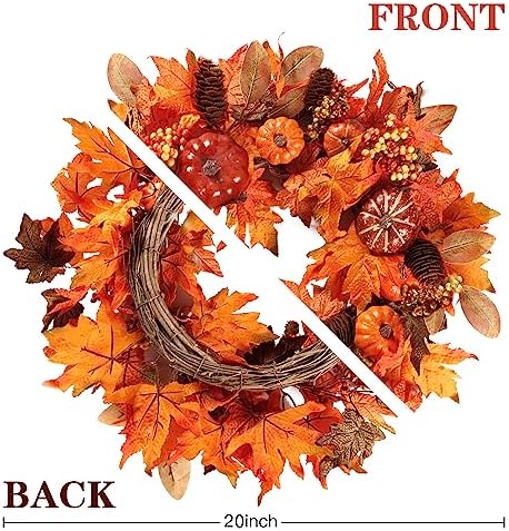 Sggvecsy Fall Wreath 20’’ Autumn Front Door Wreath with Various Pumpkin Cluster of Berries Maple Leaves Pine Cones for Outside Indoor Wall Window Festival Thanksgiving Harvest Autumn Fall Decor