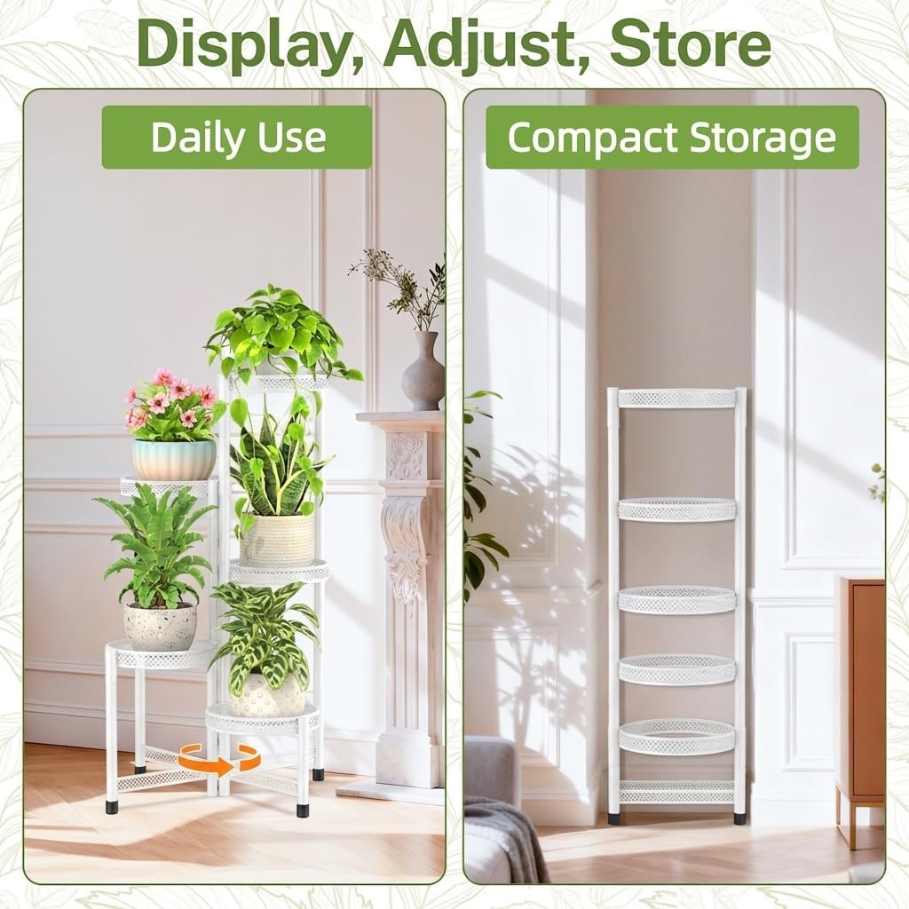 iDavosic.ly Plant Stand Indoor Outdoor, 5 Tier Iron Corner Shelf, White | Tiered Tall Flower Display Holder, Folding