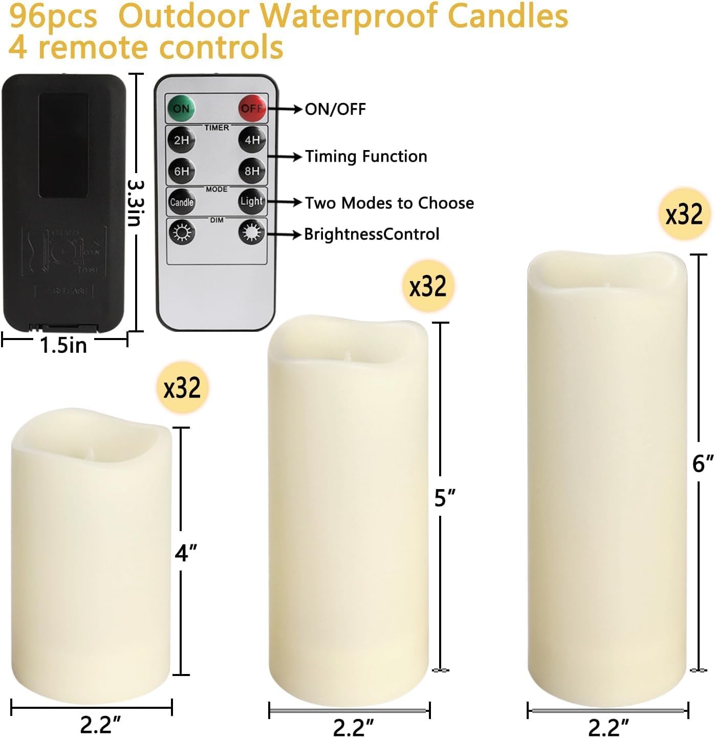 Set of 96 Flameless Led Battery Opeated (D2.2'' x H4''5''6'') Waterproof Indoor Outdoor Candles with 10-Key Remotes and
