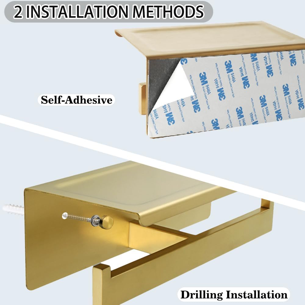 Alise Gold Double Toilet Paper Holder with Shelf,Self Adhesive or Drilling | Bathroom Tissue Holder Wall Mount,SUS304