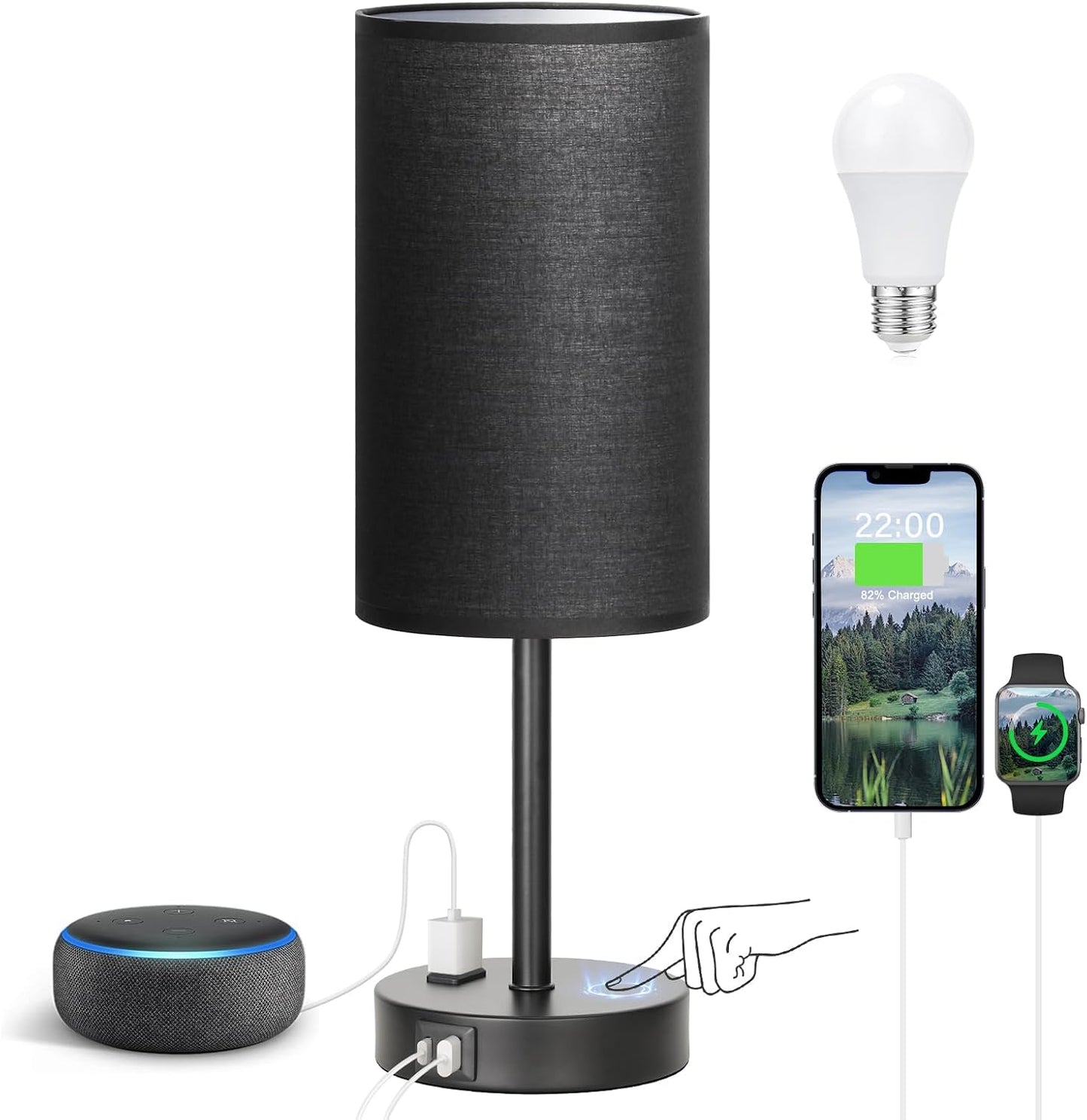 Fenmzee 17.4" Black Lamp for Bedroom - Dimmable Touch, USB A+C, AC Outlet
