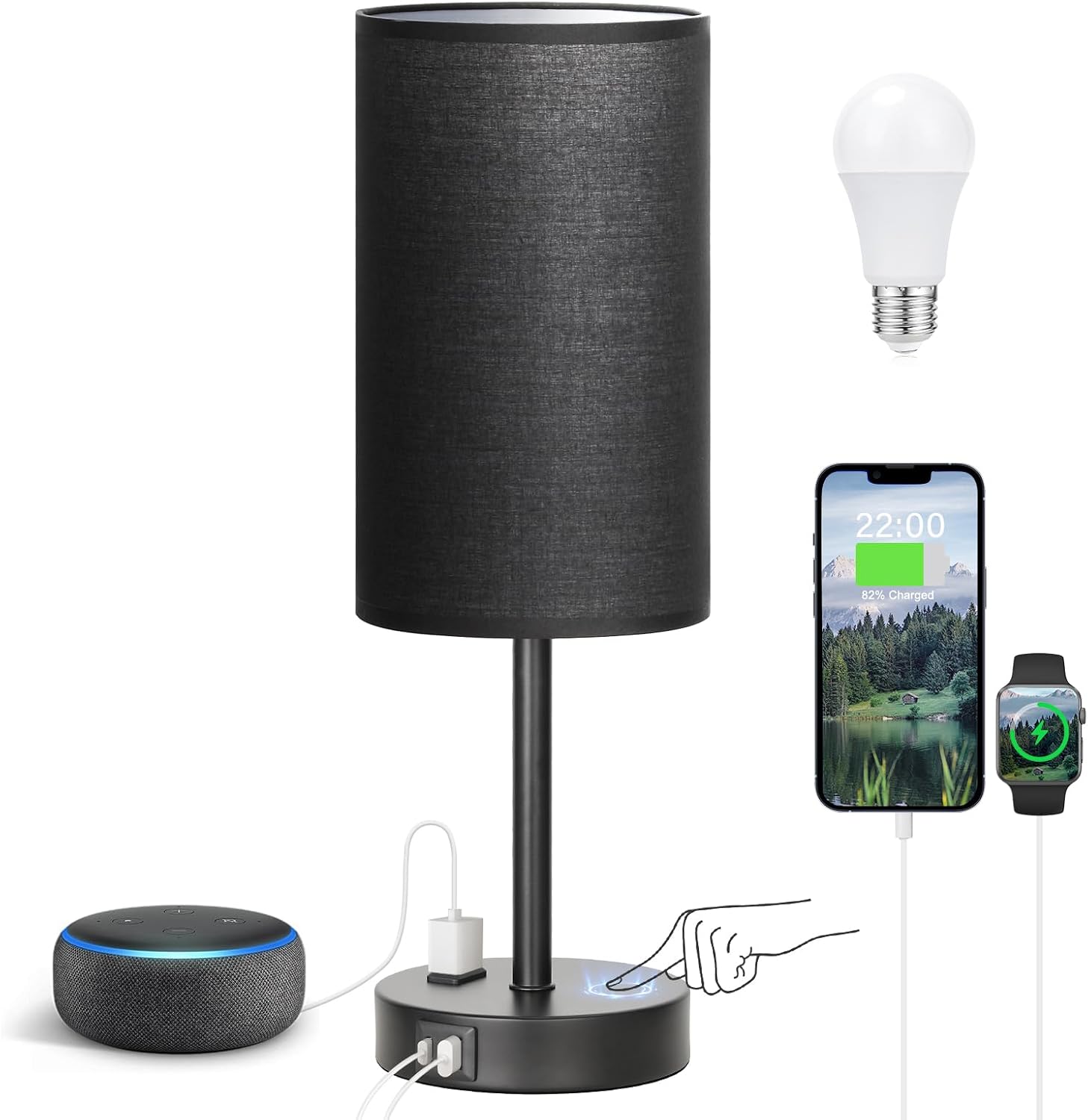 Fenmzee 17.4" Black Lamp for Bedroom - Dimmable Touch, USB A+C, AC Outlet