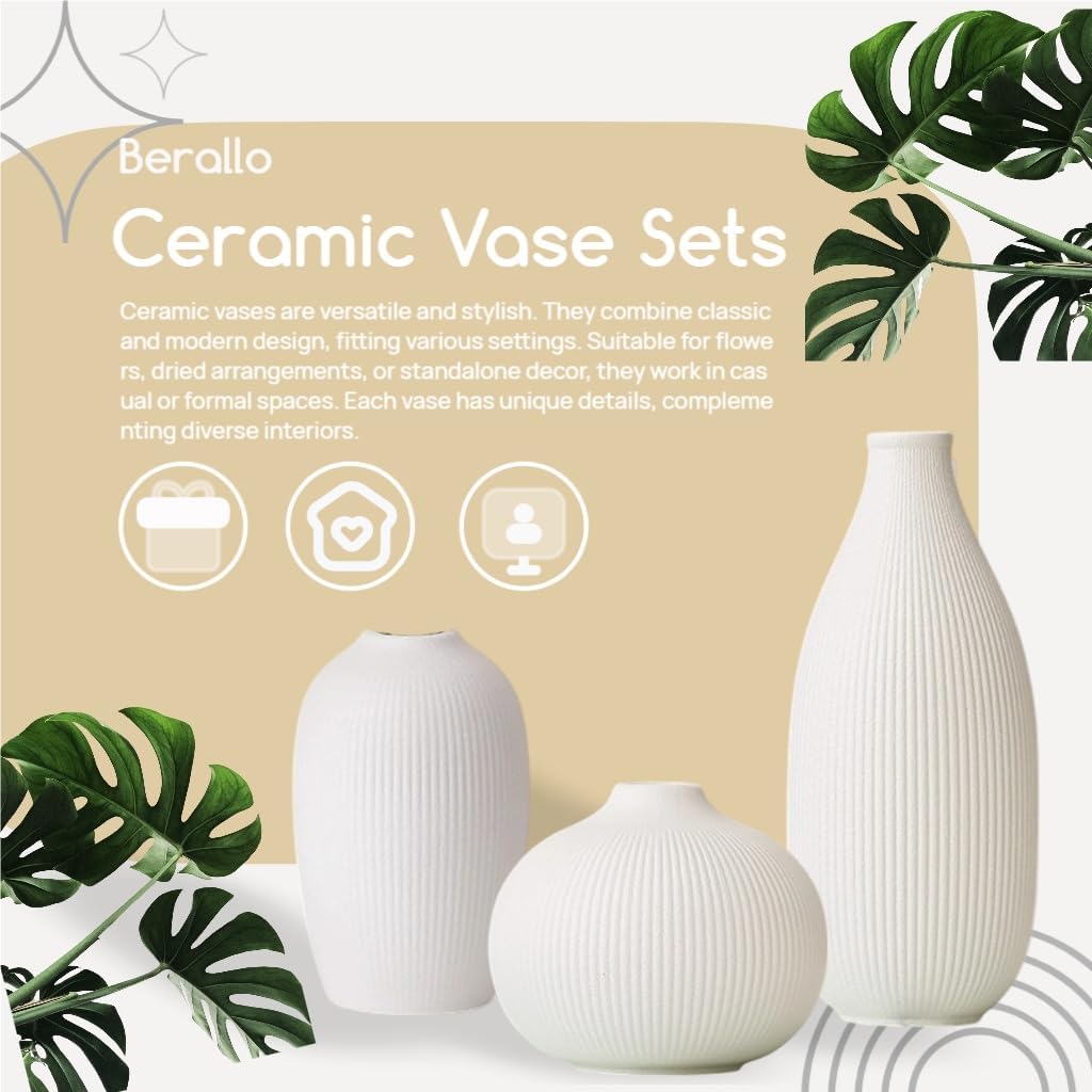 Ceramic Vase / Boho Aesthetic Flower Vases / White / Set of 3