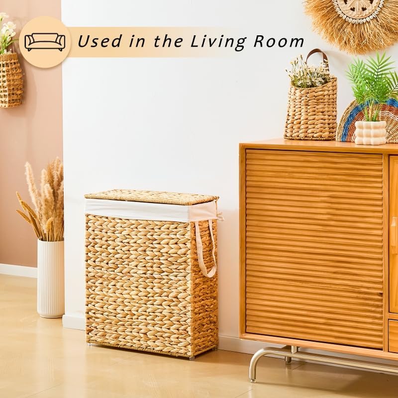 Narrow Wicker Laundry Basket / Hyacinth with Lid / 75L / Natural