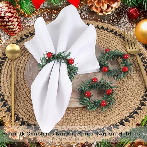 15 Pcs Christmas Napkin Rings Holly Berry Napkin Buckle Needles Wreath Pines Red Berries Candle Ring Wreath Holder for Xmas Birthday Wedding Thanksgiving Party Banquet Table Decorations