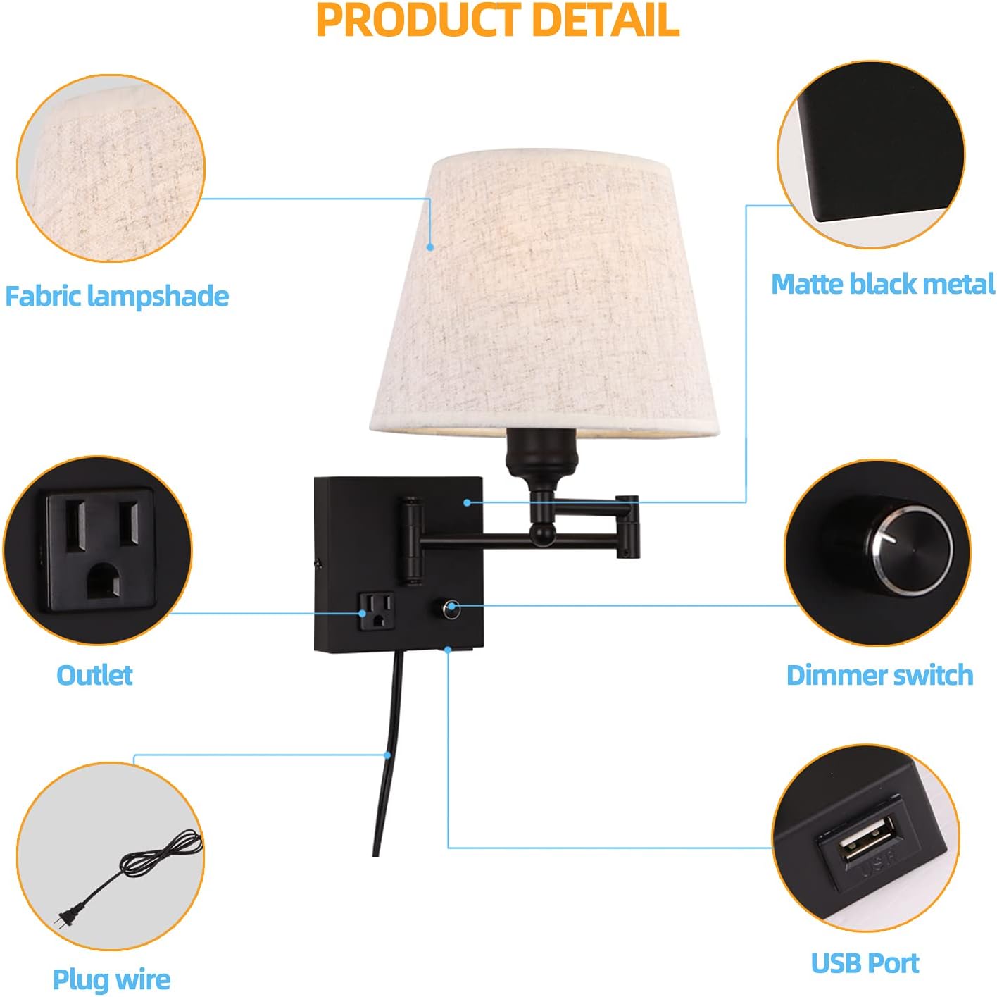 Bedside Wall Mount Light with Dimmable Switch and Outlet, Swing Arm Fabric Shade Wall Sconce Light with USB Port and