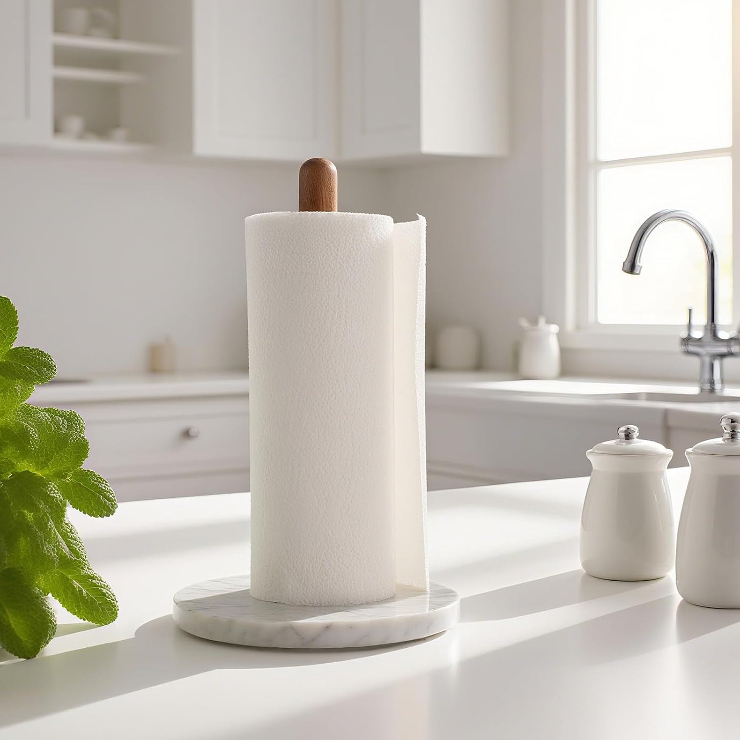 Acacia Wood & Marble Paper Towel Holder – Freestanding Paper Towel Holder for Countertop, Weighted for One-Handed Use