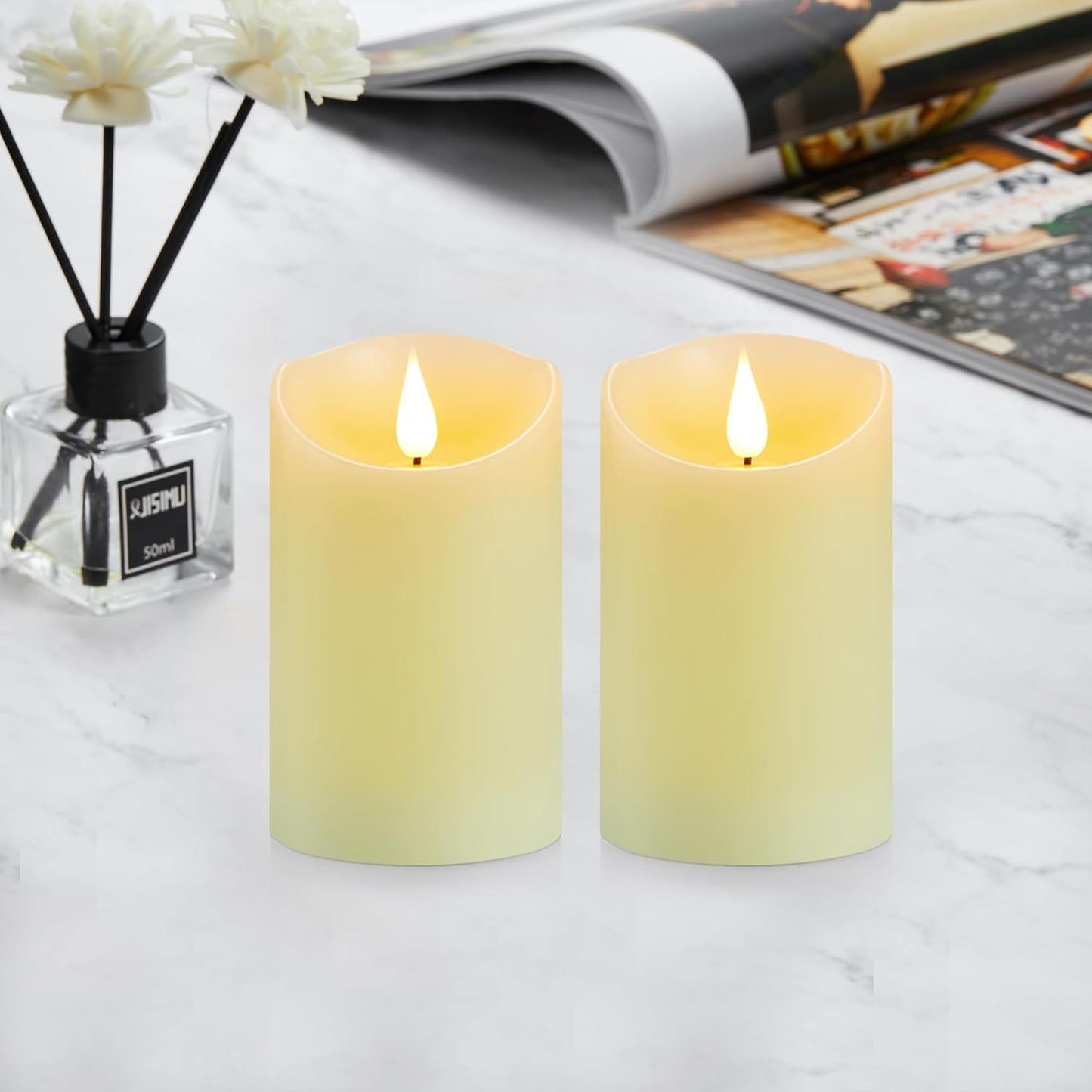 Flameless Candles with Rechargeable Battery, 3" x 4", Set of 2, Electronic Candles with Remote and Timer, led Pillar