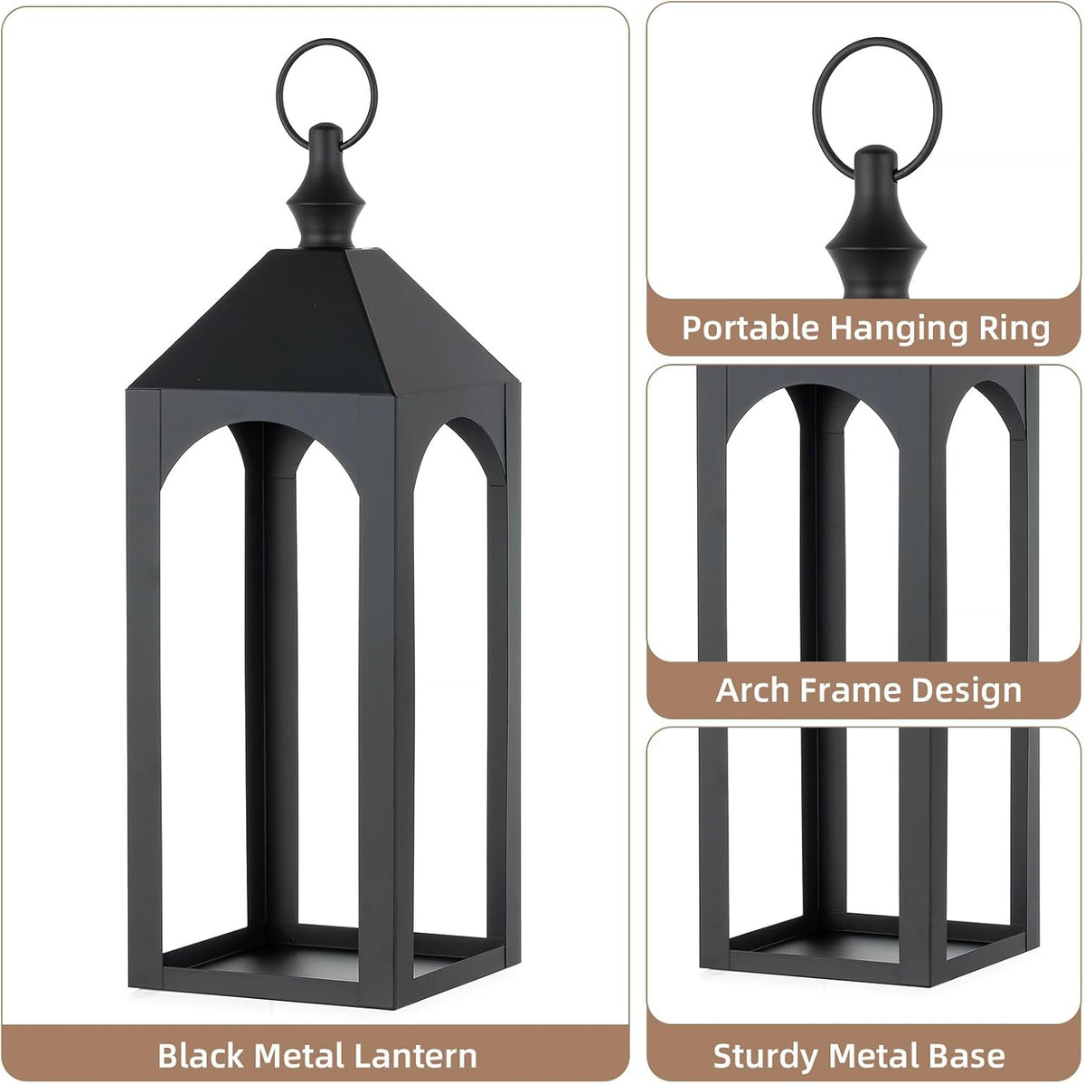 17" & 11" Black Metal Outdoor Floor Lantern, Front Porch Decor | Set of 2 Lanterns Decorative Indoor with Rust-proof