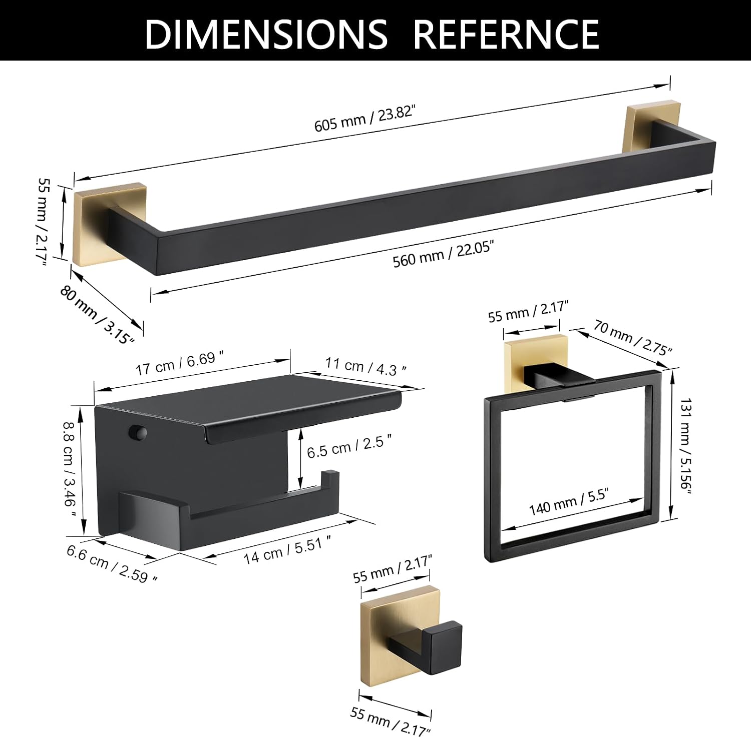 5 Pieces Bathroom Hardware Set Black and Gold Towel Bar Set, Toilet Paper Holder with Shelf, Towel Holder Set in