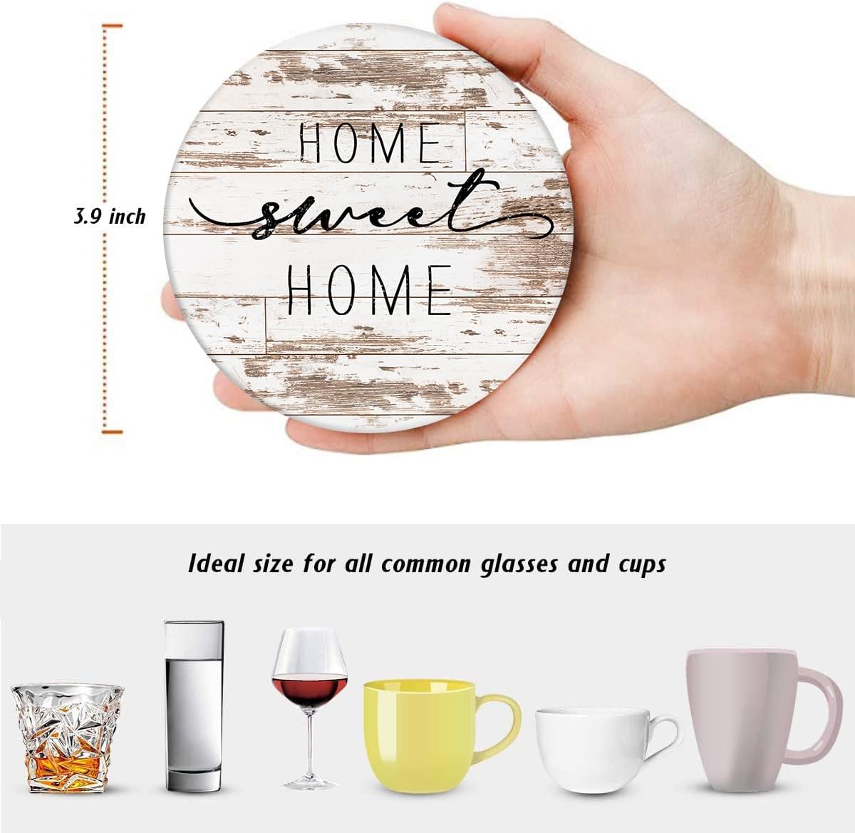 Vintage Farmhouse Home Happy Saying Absorbent Round Ceramic Stone Mat / Rusty Wood / Set of 6