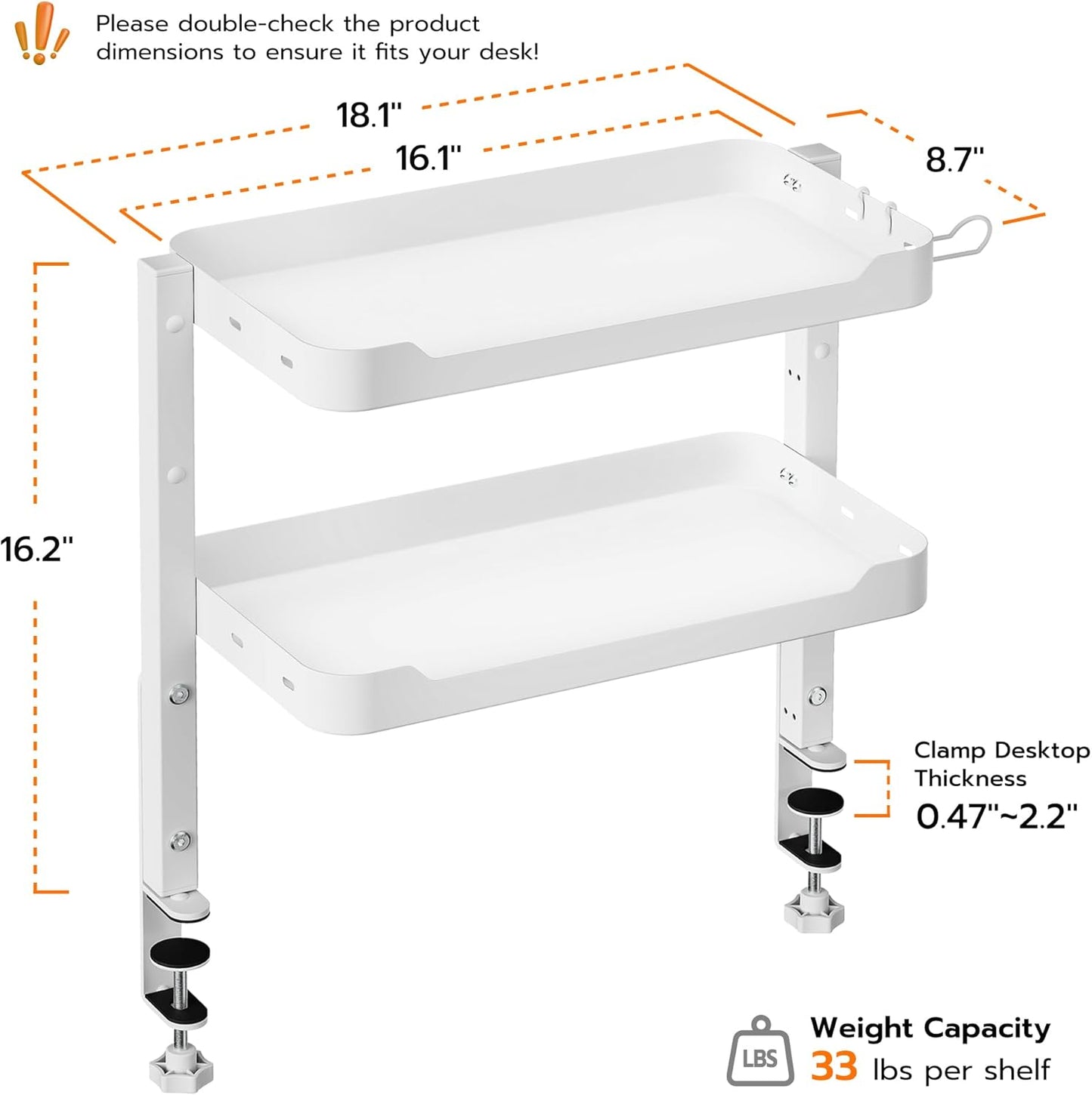 ARES WING 2-Tier 16 inch Clamp On Desk Shelf, Above or Under Desk Storage | Adjustable Desktop Organizer Shlef Holds 66