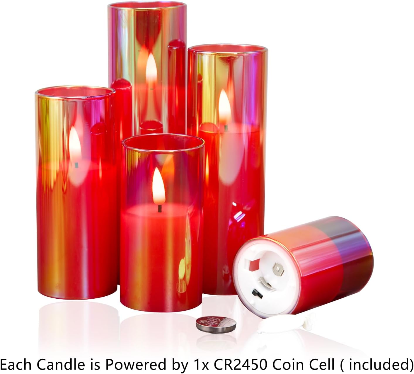 Red Glass Flameless Pillar Candles with Remote Batteries Set of 5 | Flickering Christmas LED Candles, Fireplace Home