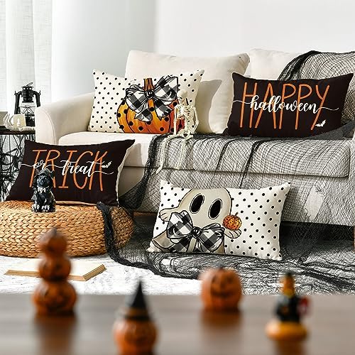 AVOIN colorlife Happy Halloween Cute Ghost Trick or Treat Throw Pillow Covers, 12 x 20 Inch Polka Dot Pumpkin Bat Cushion Case for Sofa Couch Set of 4 Black