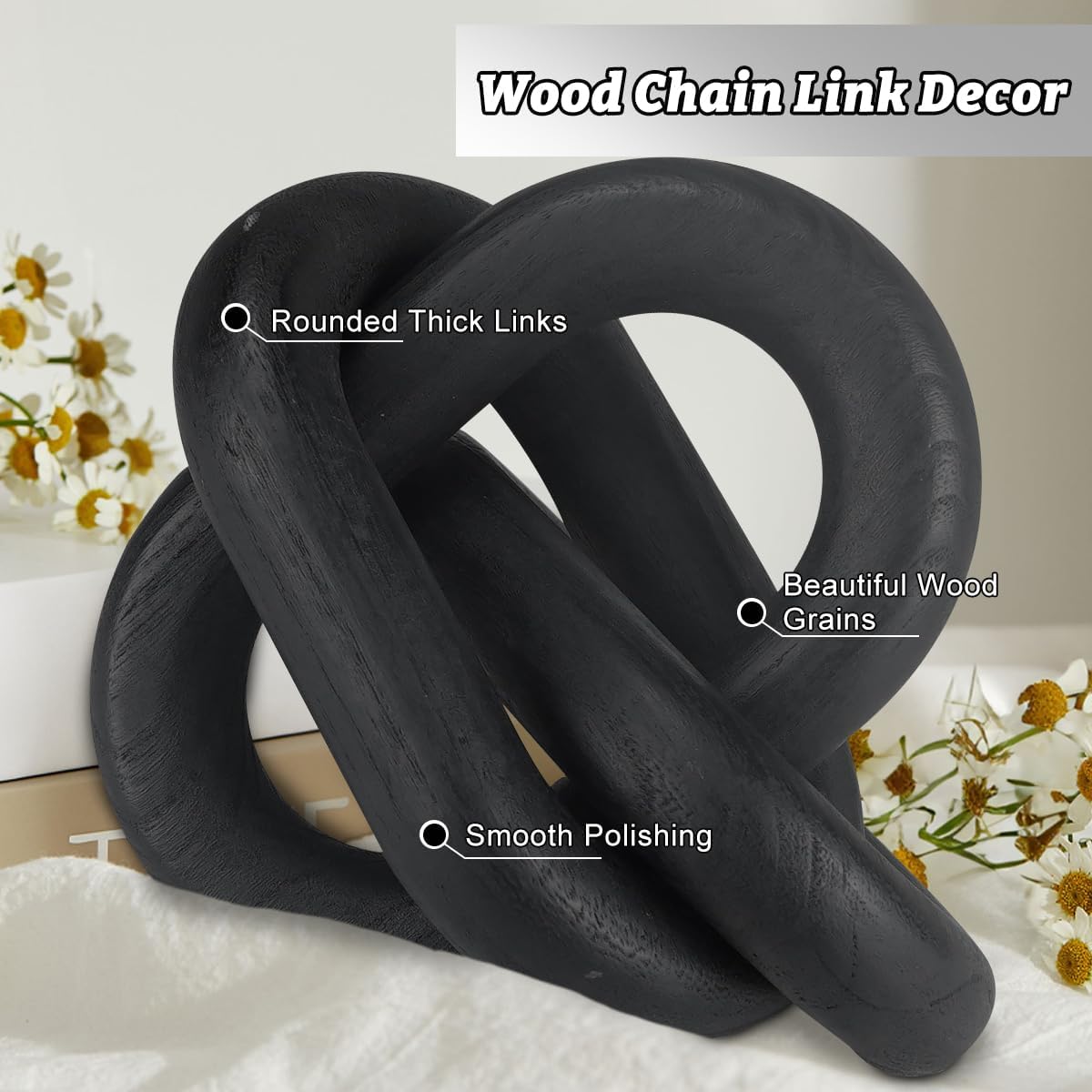 Wood Knot Decor 3-Link Wooden Chain Link Accent / Black