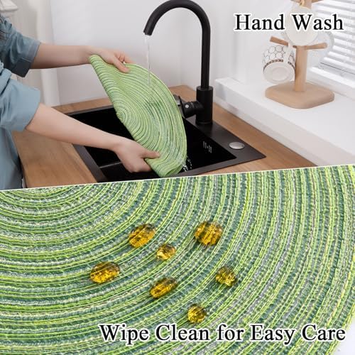 SHACOS Round Placemats Set of 6 for Dining Tables 15 inch Cotton Braided Placemats Washable Reversible for Kitchen Holiday Party (Mixed Color Pea Green, 6)