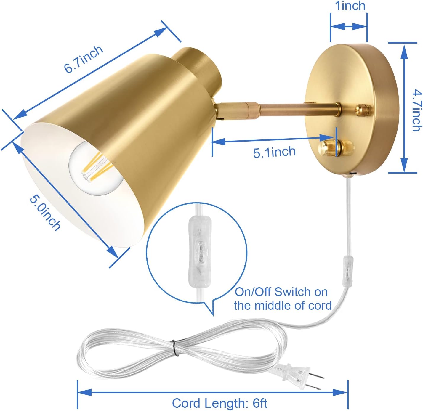 VATONI Dimmable Wall Sconce, Plug in Wall Sconce Adjustable Angle Wall Lights with Plug in Cord and Dimmer On/Off knob
