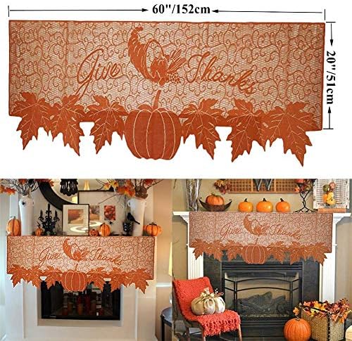 DoubleWood 20"x60" Thanksgiving Decor Fireplace Scarf Fireplace Cloth Pumpkin Lace Table Runner Fall Runner Mantle Scarves Cover for Thanksgiving Table Window Decoration (Fireplace Scarf Mantle Cover)