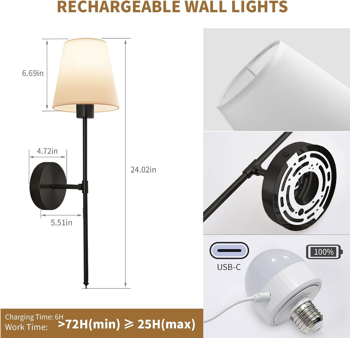 Wall sconces Set of Two Battery Operated – Rechargeable Wireless Wall Lights with Remote, 15 Colors & Dimmable