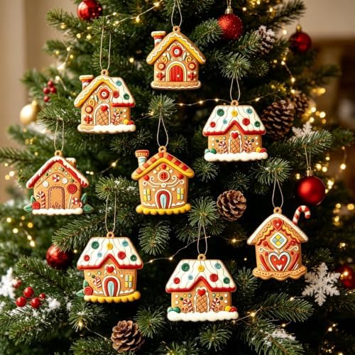 6Pcs Gingerbread House Ornament, Christmas Tree Ornament Rustic Farmhouse Gingerbread House Decor House Pendants for Holiday Party Favor