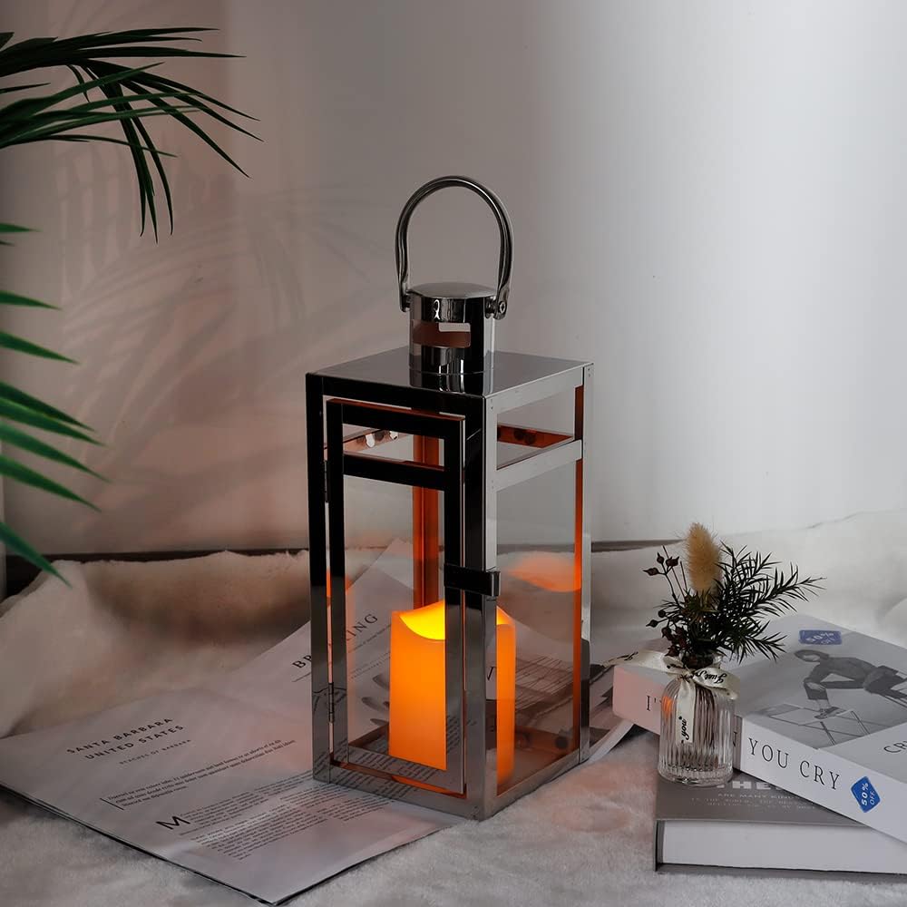 TRIROCKS Stainless Steel Decorative Lantern 12'' High Metal Hanging Lantern with Tempered Glass Perfect for Home Decor