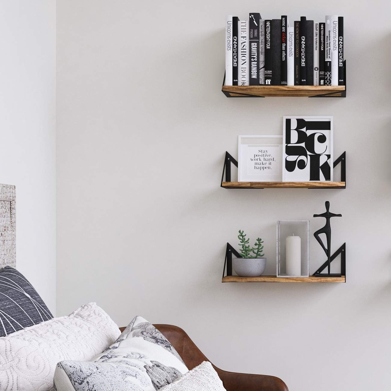 Wallniture Minori Floating Shelves Set of 3, Small Bookshelf Unit for Living Room, Office, and Bedroom, Natural Burned