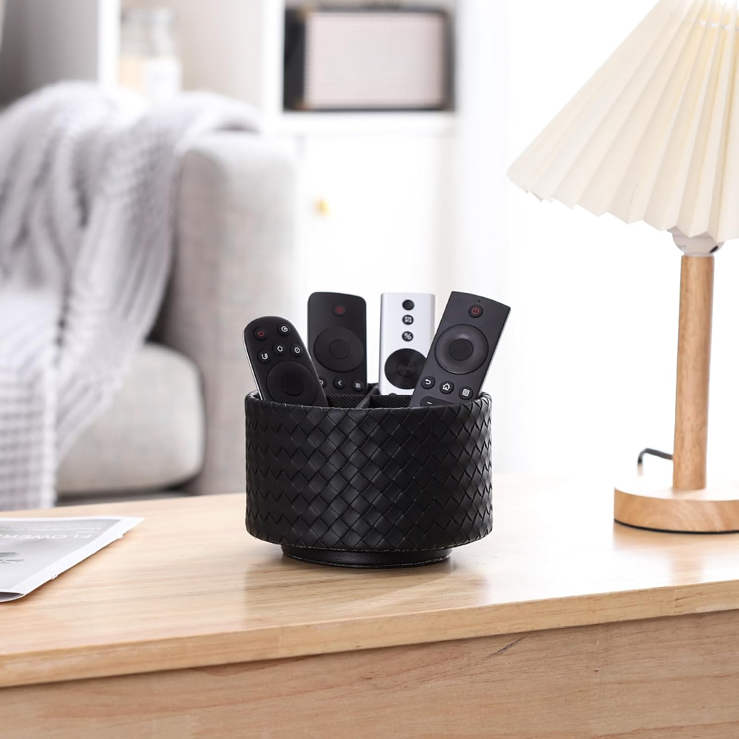 PU Leather 360 Degree Rotating Remote Control Holder / Black Small Grid