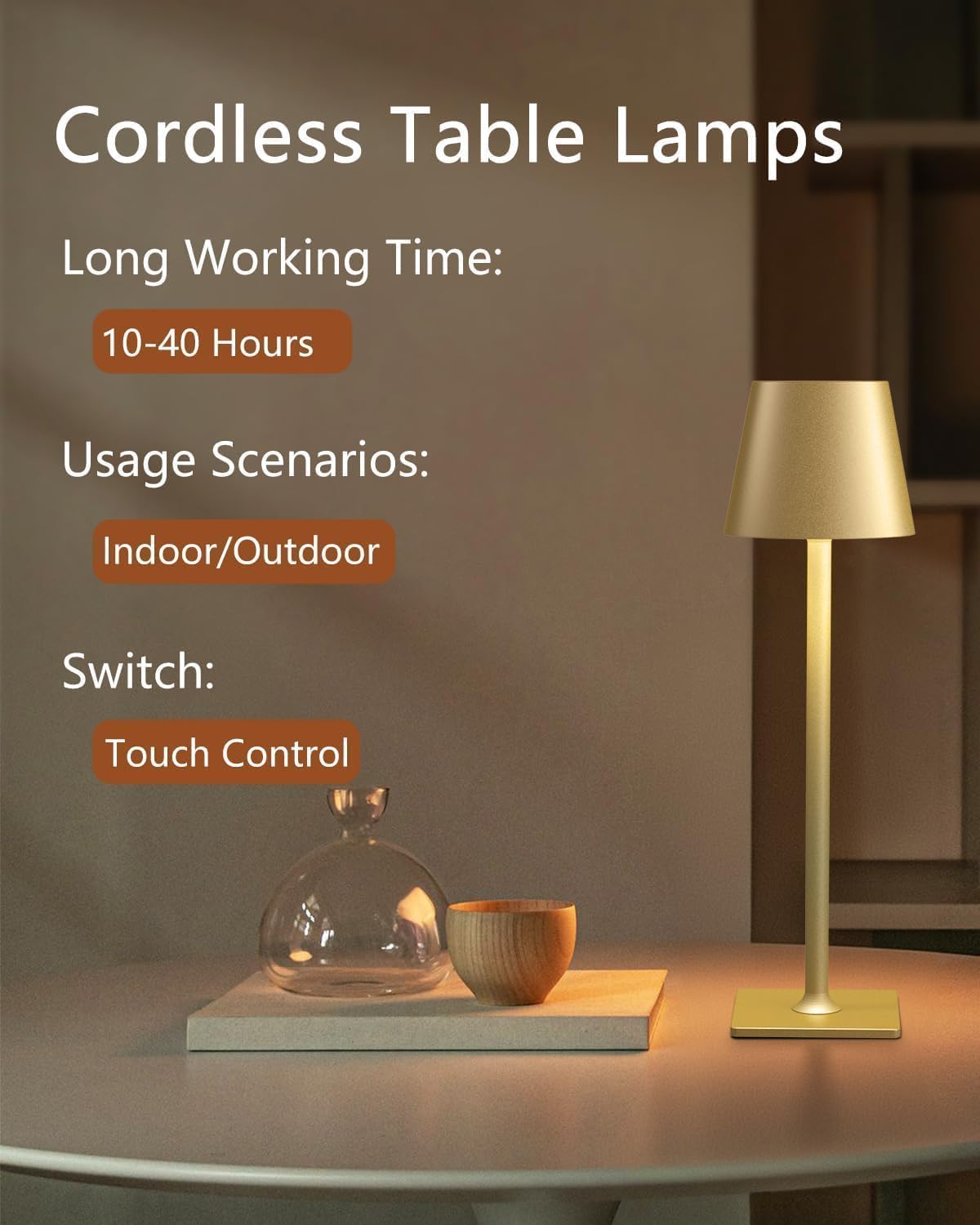 Fizrice Rechargeable Table Lamp 2 Pack Gold Cordless Battery Operated | 6000mAh touch control portable lighting with