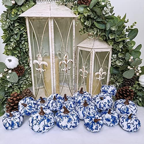 Winlyn 16 Pcs Assorted Small Faux Decorative Blue and White Fabric Pumpkins Foam Chinoiserie Chic Pumpkins for Farmhouse Fall Halloween Thanksgiving Bowl Centerpiece Table Mantel Home Decor Gifts