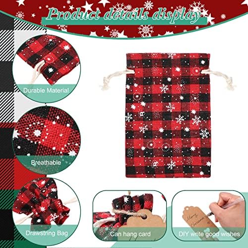 Shappy 24 Pcs Christmas Drawstring Gift Bags Xmas Buffalo Plaid Burlap Advent Bags 5.5 x 4 Inches Linen Treat Candy Bag with 32.8 ft Rope 24 Card(Mixed Colors)