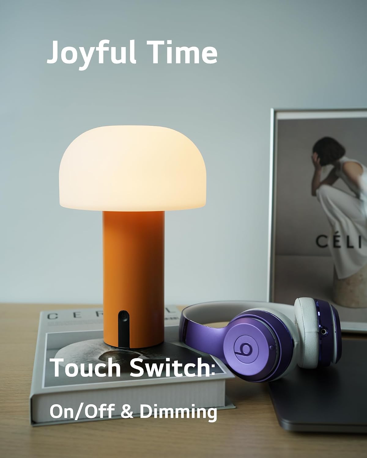 Small Cordless Mushroom Table Lamp, Waterproof Shower Lamp Orange | Original Design, Portable Rechargeable, Touch