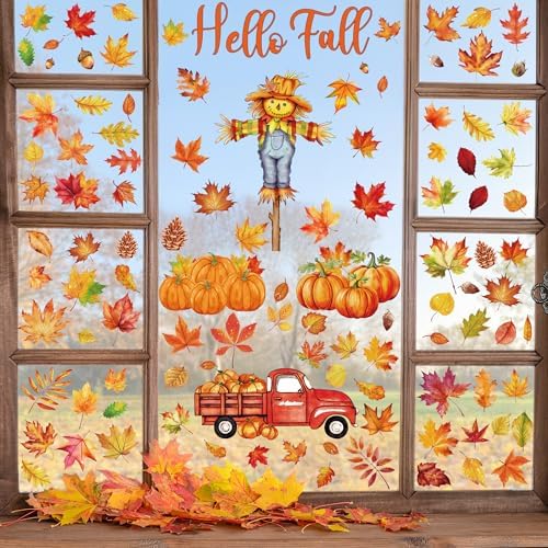 9 Sheets Autumn Window Stickers, Scarecrow Maple Leaves Pumpkin Nuts Decal Windwo Clings, Double Sided Fall Window Clings for Fall Decorations Decor Thanksgiving Accessories Indoor Outdoor