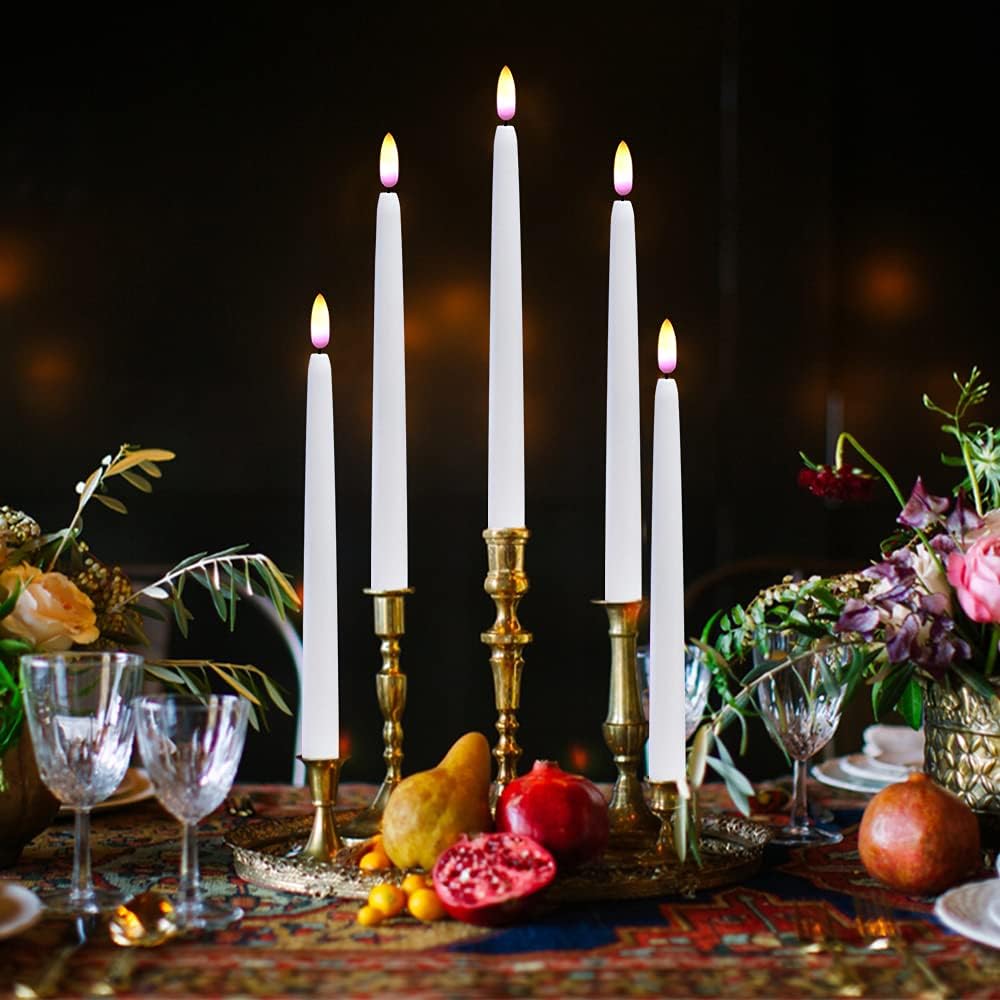 White Flameless Taper Candles Battery Operated Remote Timer 8 Pack | 3D Wick Flickering LED Candlesticks, 400 Hours