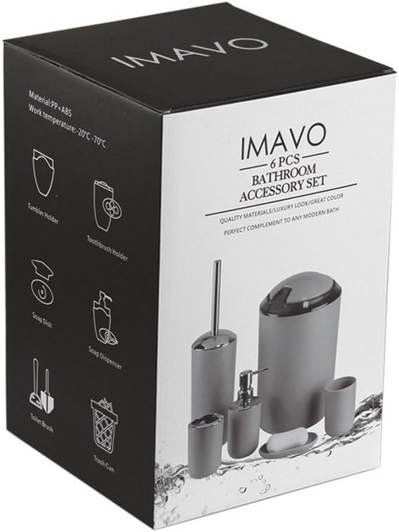 IMAVO Bathroom Accessories Set,Grey Bathroom Set,7 Pieces Bathroom Accessory Set,Tray,Toilet Brush,Trash Can for